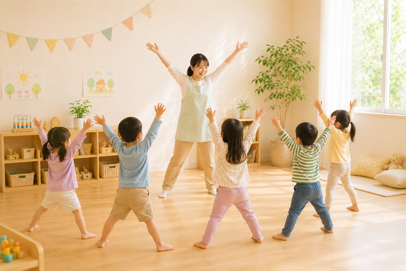スタッフと子どもたちが体を動かしている様子